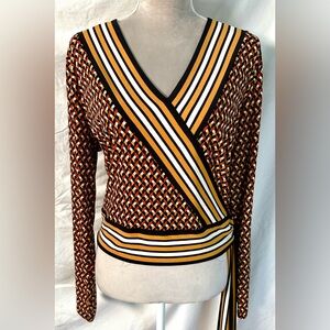 MICHAEL Michael Kors Retro Orange, Yellow Multi Geo Border Faux Wrap Top Size XL